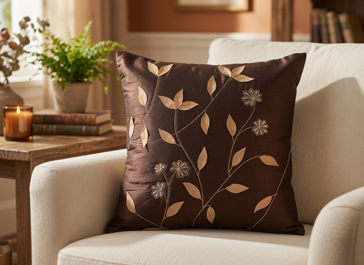 Brown Floral Throw Pillow Cover 18x18, Square Gold Leaf Embroidered Cushion Cover, Handmade Appliqué Accent Pillow Case, Neutral Modern Home Decor