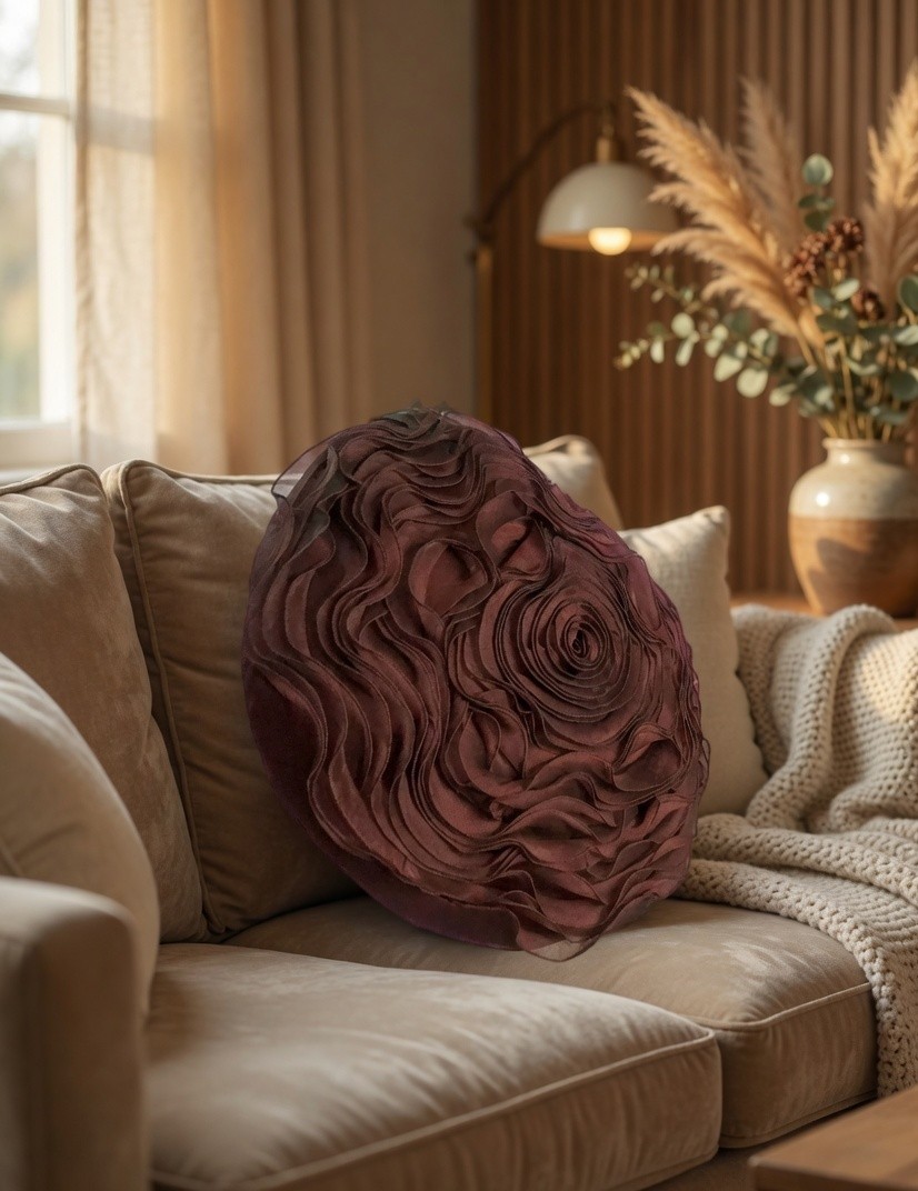 Chocolate Brown Rose Pillow Cover, Round 3D Ruffle Floral Cushion Case, Handmade Sheer Tissue Accent Throw Pillow, Modern Home Decor