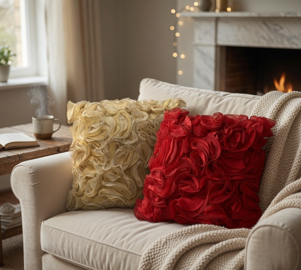 Gold and Red Ruffle Pillow Covers styled arrangement