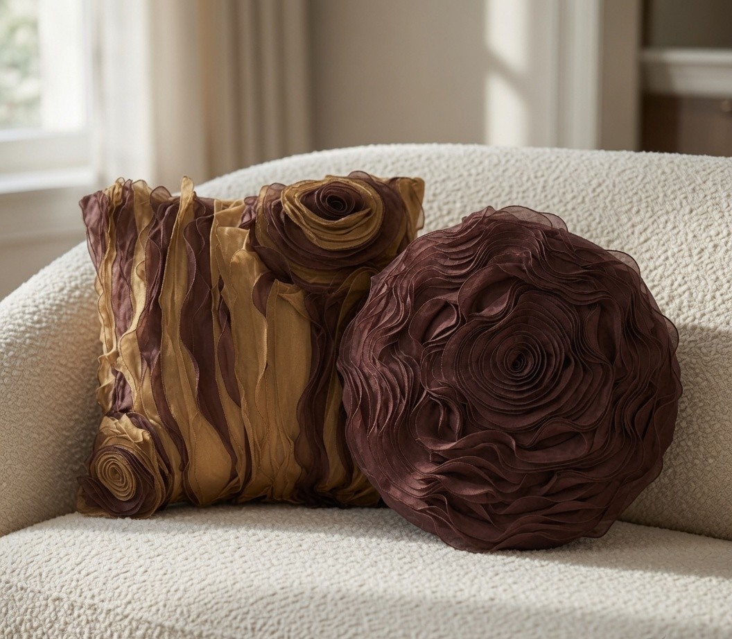 Gold Brown Ruffle and Round Brown Rosette Pillow Covers styled arrangement