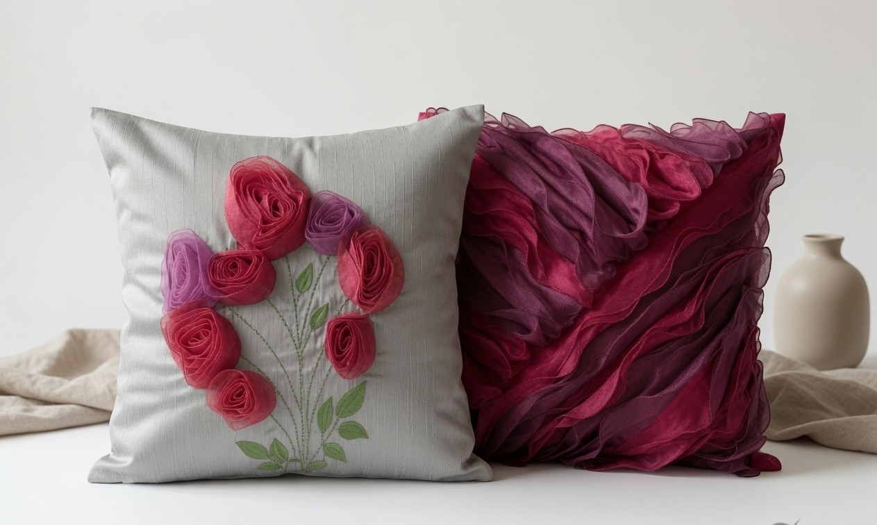 Grey Floral and Plum Ruffle Pillow Covers styled arrangement