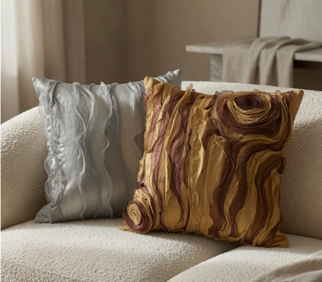 Silver Ruffle and Gold Brown Rosette Pillow Covers styled arrangement