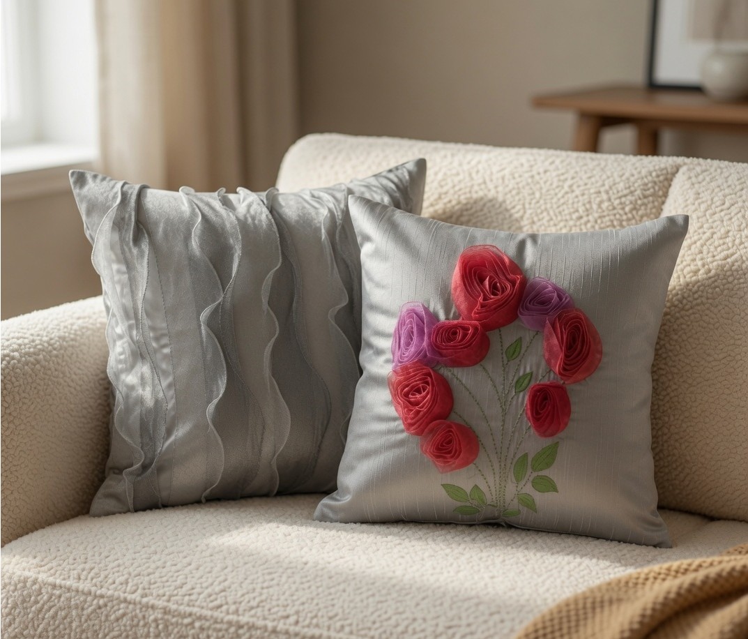 Silver Ruffle and Grey Roses Pillow Covers styled arrangement