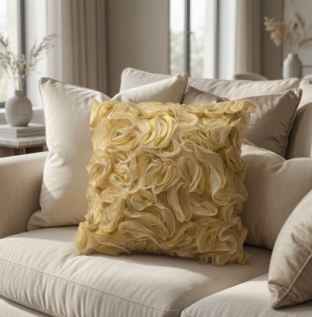 Gold Ruffle Throw Pillow Cover, Square Cream Floral Cushion Cover, Handmade Sheer Tissue Champagne Accent Pillow Case, Luxury Modern Home Decor