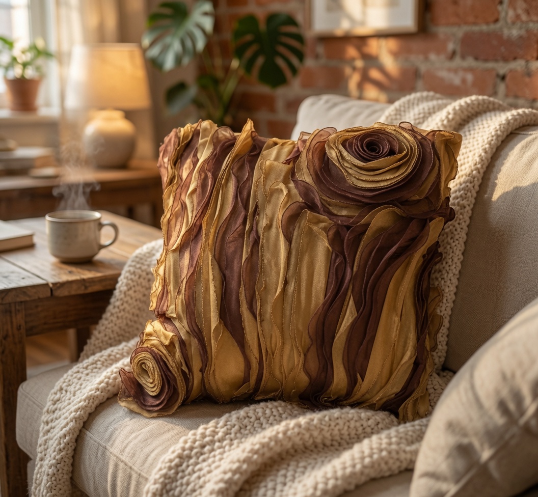 Gold Brown Rose Throw Pillow Cover 18x18, Square 3D Ruffle Floral Cushion Cover, Handmade Sheer Tissue Accent Pillow Case, Luxury Modern Home Decor