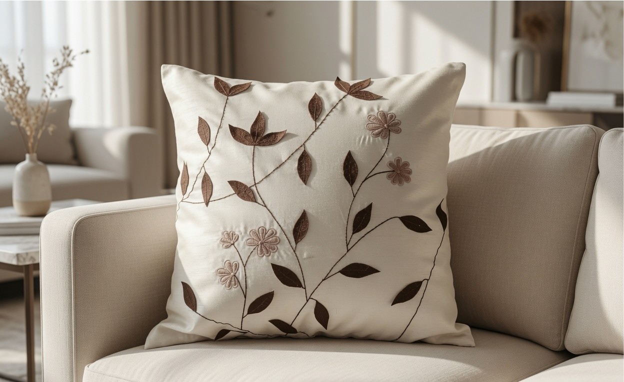 Ivory Floral Throw Pillow Cover 18x18, Square Brown Leaf Embroidered Cushion Cover, Handmade Appliqué Accent Pillow Case, Neutral Modern Home Decor