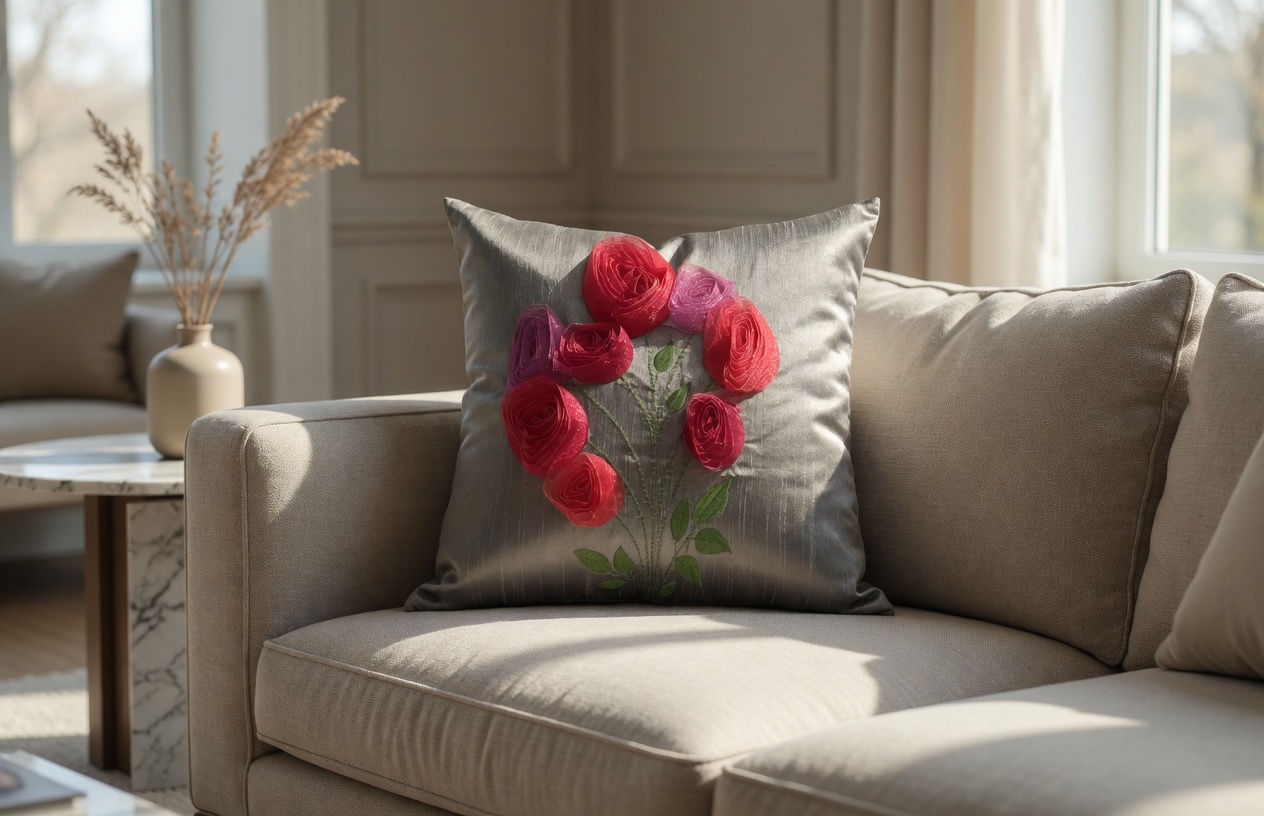 Grey Floral Throw Pillow Cover 18x18, Pink Red Rose Square Cushion Cover, Handmade 3D Organza Embroidered Accent Pillow Case, Modern Home Decor