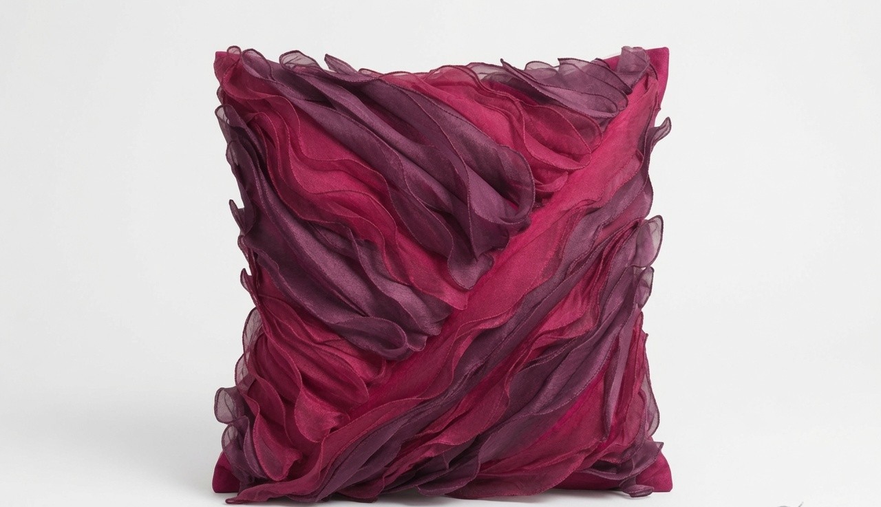 Pink Purple Ruffle Throw Pillow Cover 18x18, Square Plum Magenta Cushion Cover, Handmade Sheer Accent Pillow Case for Modern Home Decor