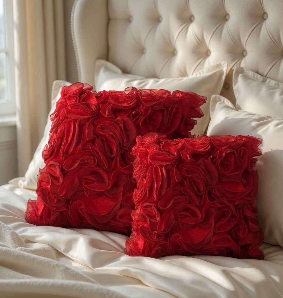 Red Ruffle Throw Pillow Cover, Square Floral Cushion Cover, Handmade Sheer Tissue Burgundy Accent Pillow Case, Romantic Modern Home Decor