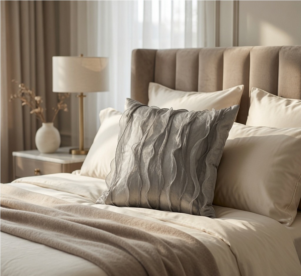 Silver-grey metallic decorative pillow styled on a bed as a single luxury accent.