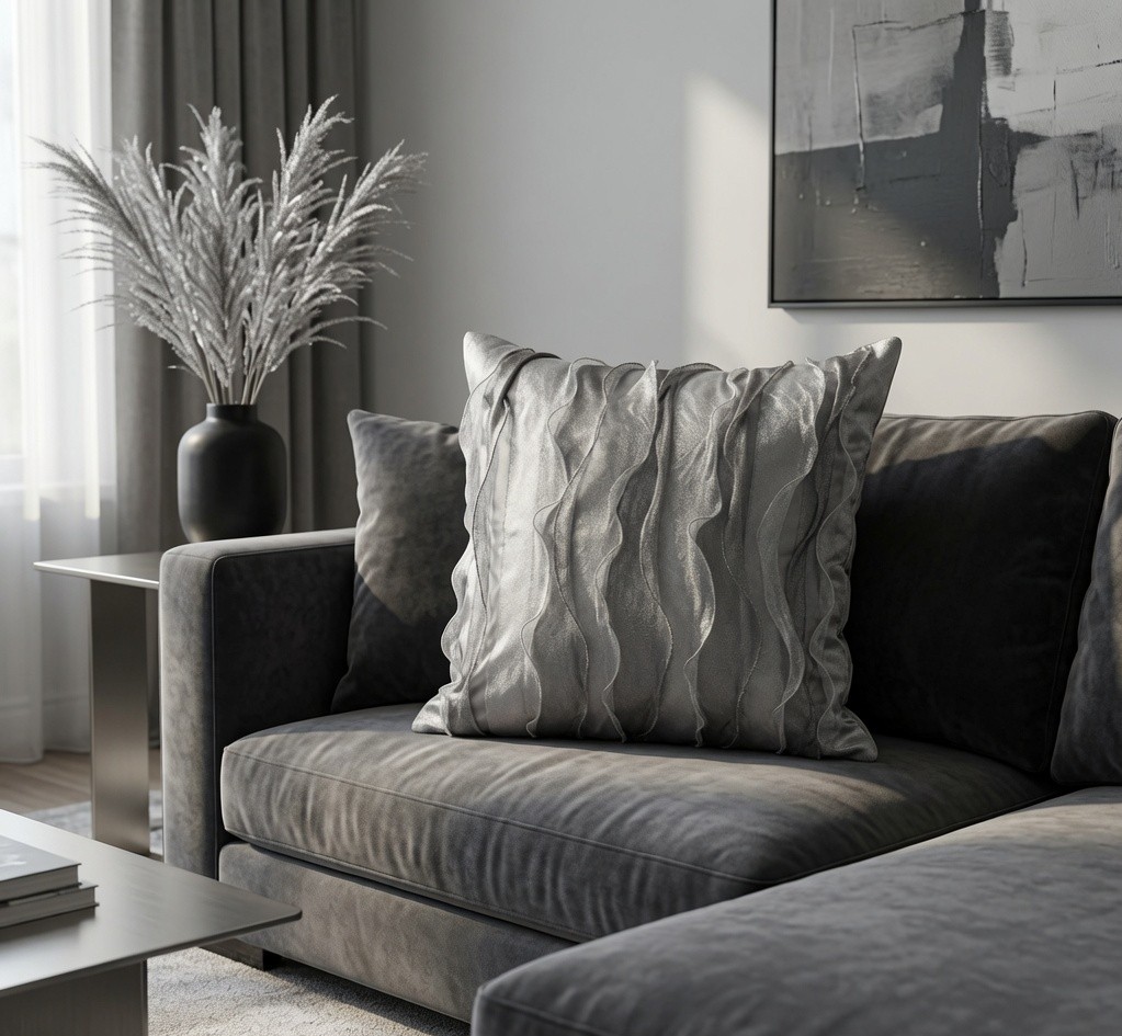 Silver-grey metallic ruffle throw pillow styled in a modern glam living room with reflective surfaces.